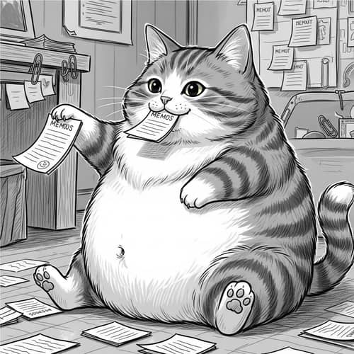 Chubby Cat Enjoys Eating Memos in a Whimsical Office