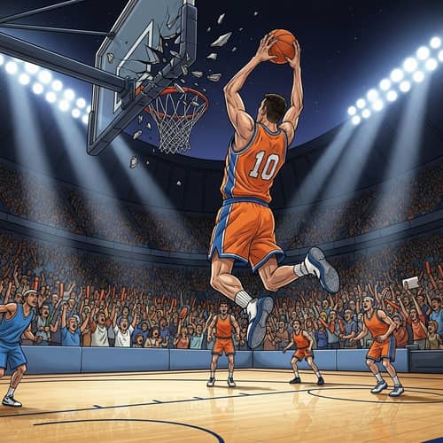 Spectacular Night Basketball Game with Athletic Slam Dunk
