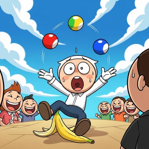 Cartoon character slips on a banana peel while juggling balls