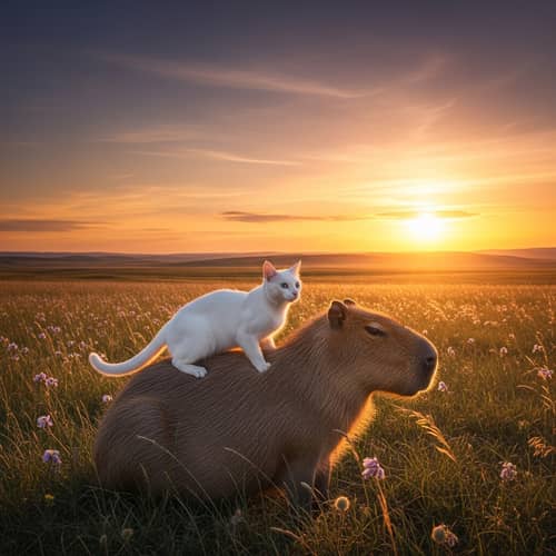 Serene Image of White Cat and Capybara at Sunset