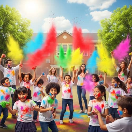 Joyous Celebration of Holi Festival in Diverse School Setting