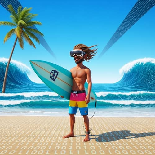 Surreal Metaverse Surfer: Pixelated Waves & Futuristic Adventures