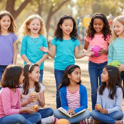 Diverse Group of Six and Seven-Year-Old Girls Playing Joyfully