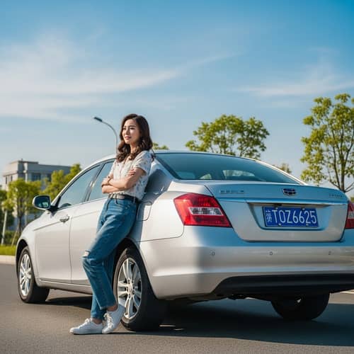 Youthful Female Leaning on Silver Geely Emgrand Car | TOZ6625