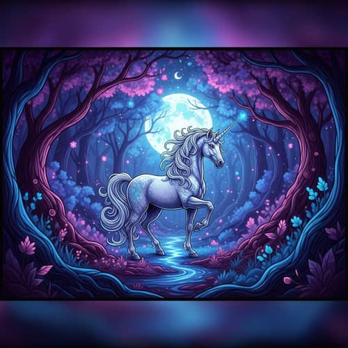 Majestic Unicorn in Moonlit Fantasy Forest | Ethereal Artwork