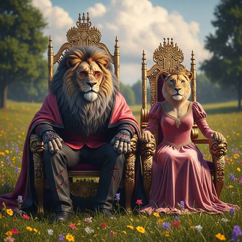 Futuristic Fantasy Photo: Majestic Lions in Enchanting Meadow