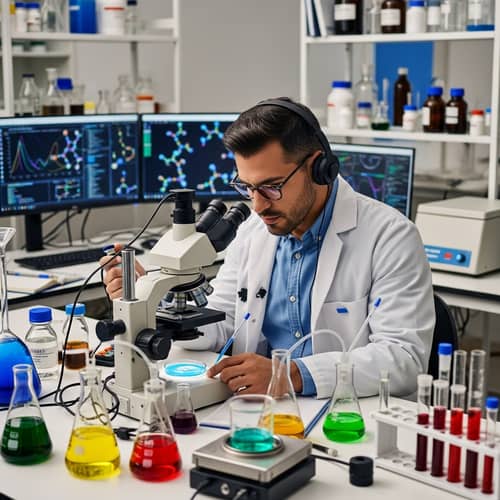 Hispanic Male Scientist in Laboratory with Headphones