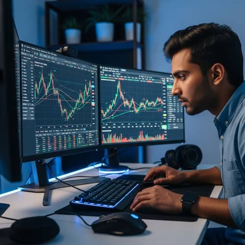 32-Year-Old Man Analyzing Full HD Bitcoin Chart | Professional Dashboard