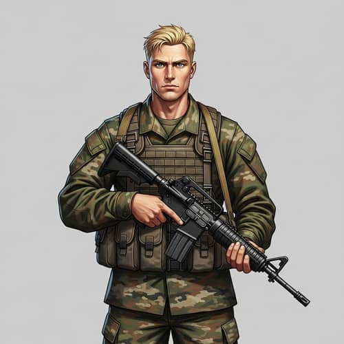 Male Caucasian Soldier in Military Uniform with Rifle at Ready