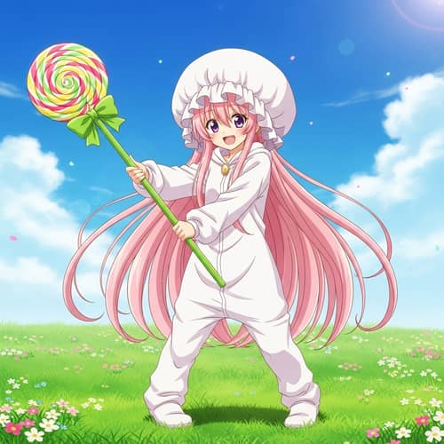 Playful Anime Character with Long Pink Hair