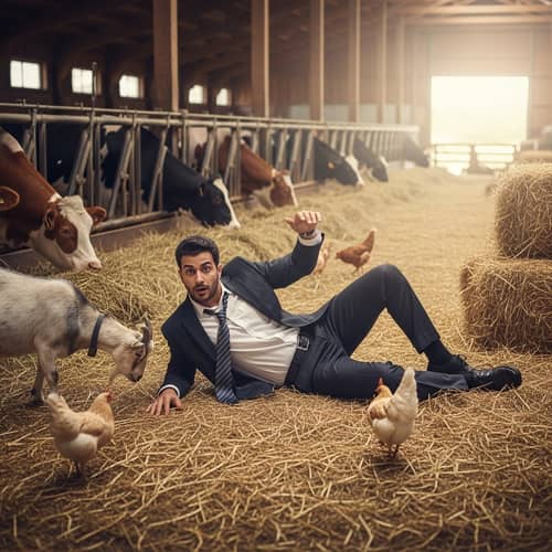 Middle-Eastern Businessman Surprised on Farm with Cows