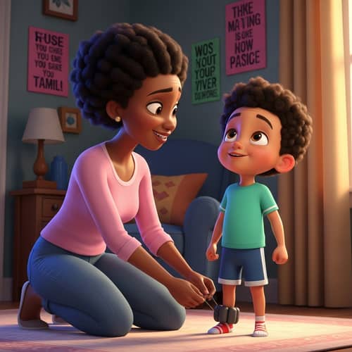 Cartoon Black Mother Supports Son with Ankle Weights
