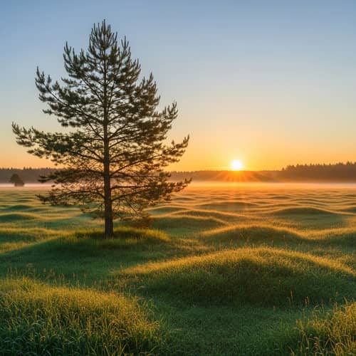 Tranquil Morning Landscape: Sunrise Over Vast Greenery