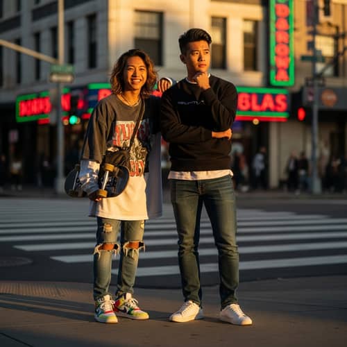 Young Asian Friends in Stylish Outfits | Urban Fashion Duo