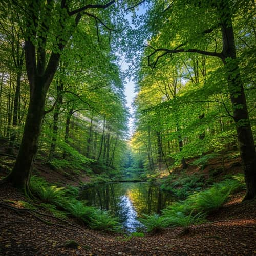 Enchanting Forest Landscape: Lush Trees, Sunlight & Tranquility