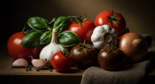 Rustic Still Life: Fresh Tomatoes, Garlic, Basil & Onions