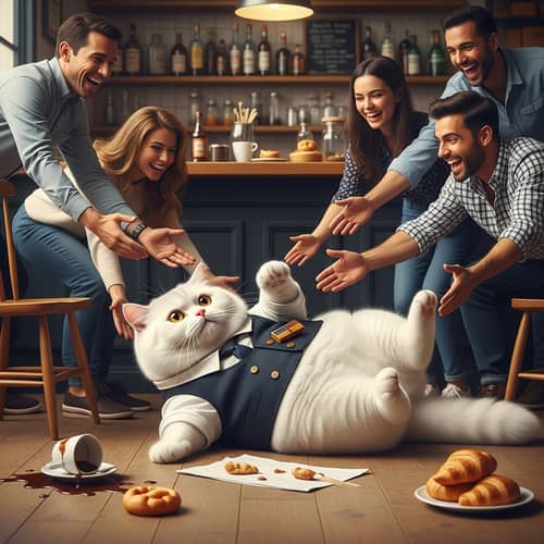 Fluffy British Cat Waiter's Mishap in Cafe Scene | Hyperrealism Art