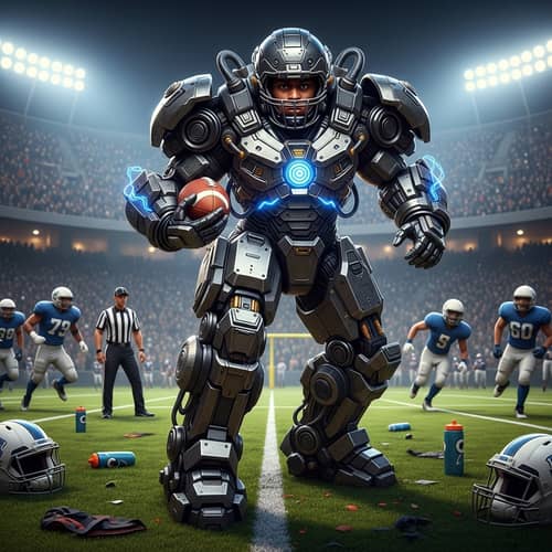 Futuristic Mech-Styled Football Player on Vibrant Field