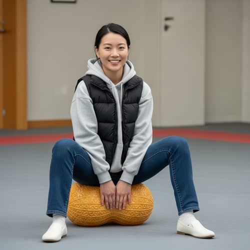 Asian Girl in Grey Hoodie on Peanut Yoga Ball