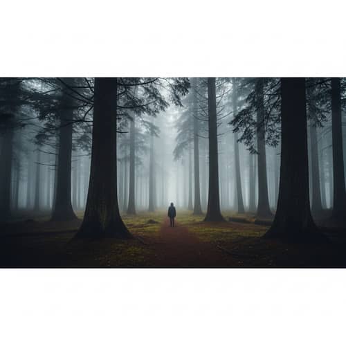 Mysterious Figure in a Foggy Forest Scene