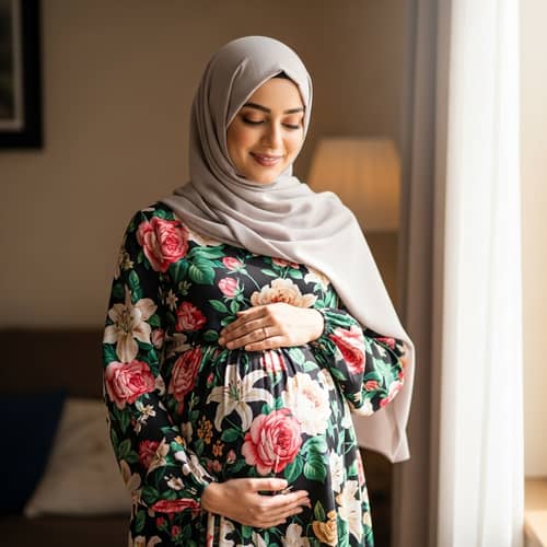 Middle-Eastern Woman in Hijab, Floral Dress, and Pregnancy