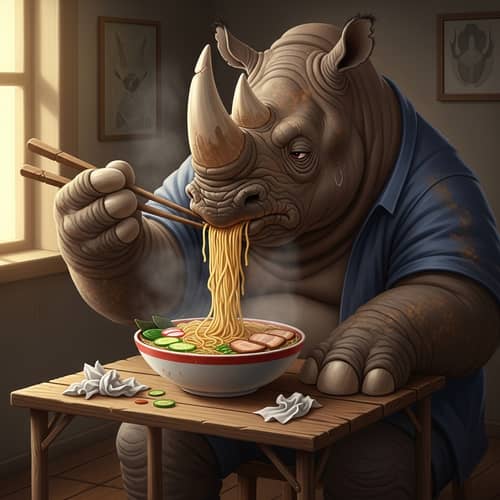 Rhino Devouring Noodles: A Quirky Scene in the Wild