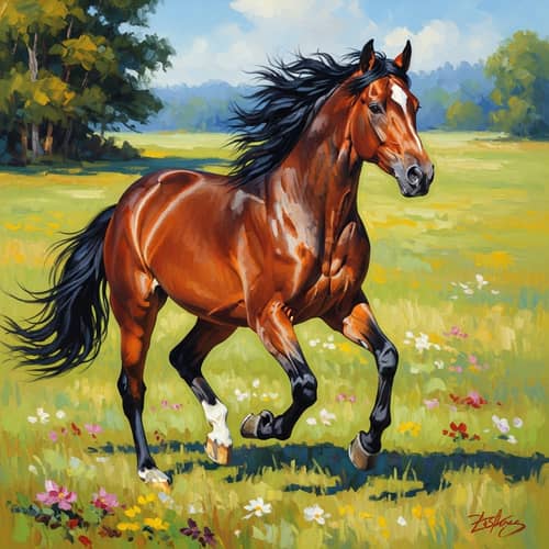 Dynamic Galloping Stallion in Sunlit Meadow | Equine Photography