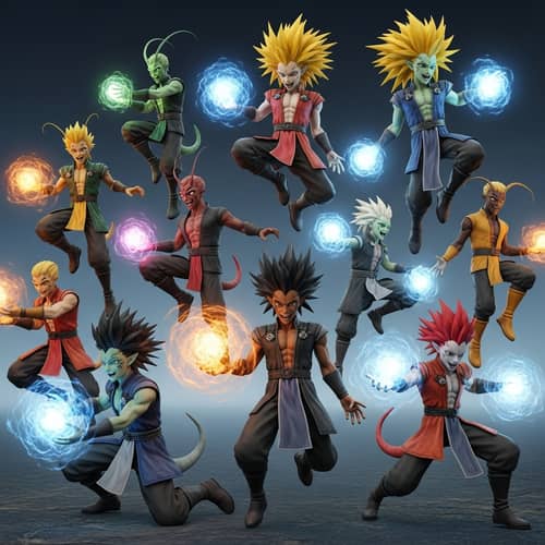 Colorful 3D Fantasy Scene with Unique Humanoid Characters