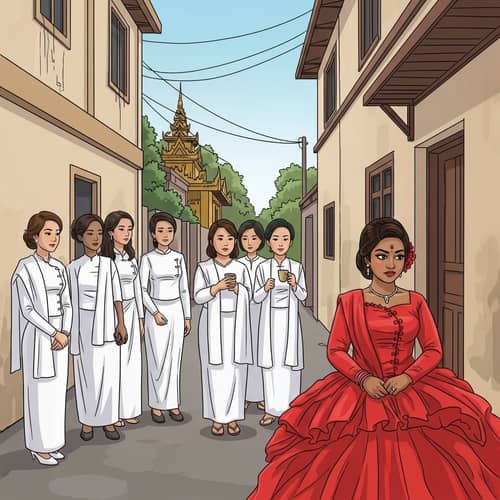 Cartoon Wedding Scene Depicting Myanmar Culture with Gossipy Women