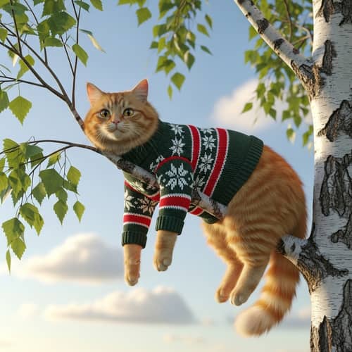 Cozy Ginger Cat in Knitted Sweater Hanging from Birch Tree
