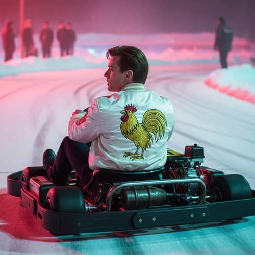 Caucasian Man in Hollywood-inspired Go-Kart Action on Snowy Track