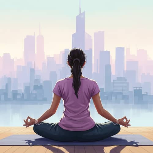 Serene Woman in Lotus Pose with Moscow Cityscape | Yoga Event Art