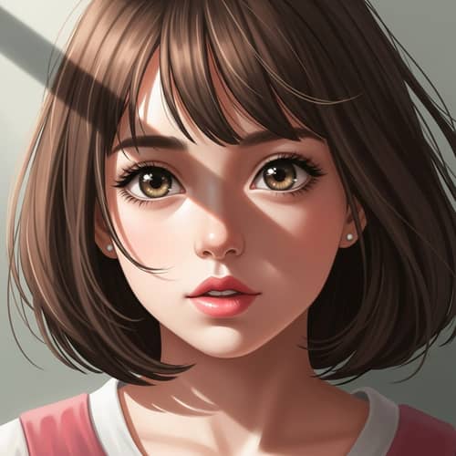 Short Girl with Brown Hair, Pink Lips & Sparkling Eyes