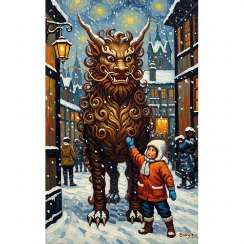 Van Gogh-inspired Asian Child and Kui Mythical Beast Encounter in Old London