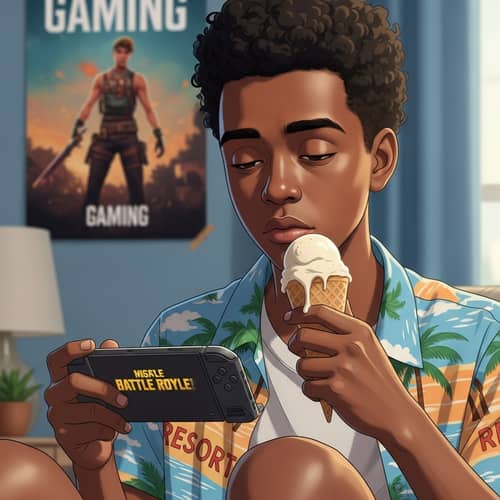 Mixed Heritage Teen Enjoying Battle-Royale Game with Ice Cream