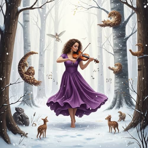 Surreal Snowy Forest Dance with Middle-Eastern Woman and Violin