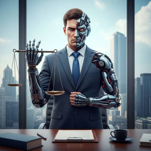 Cyborg Lawyer: Human-Suit Integration in Futuristic Cityscape