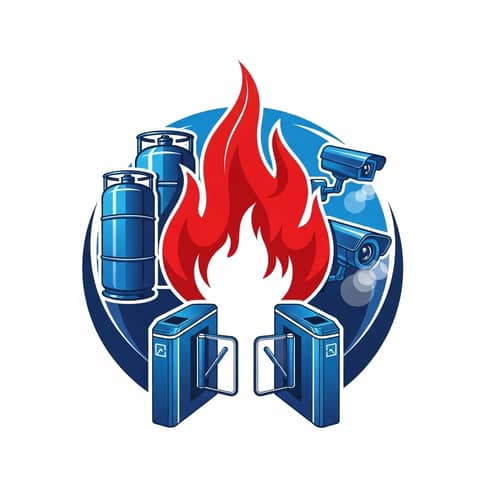 Realistic and Lively Logo in Blue and Red with Flame and Surveillance Theme