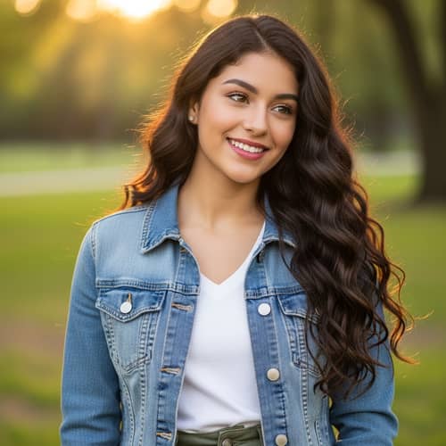 Pretty Hispanic Girl with Long Wavy Hair | Stylish Outfit