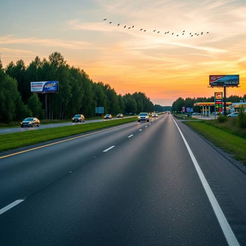 Tranquil Highway Scenery with Birds and Billboards