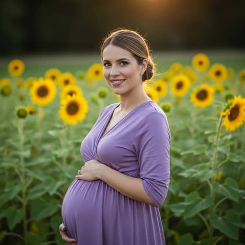 Caucasian Pregnant Woman in Lavender Maternity Dress