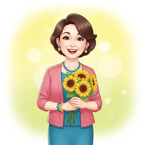 Charming Asian Woman with Sunflower Bouquet | Uplifting Cartoon Art