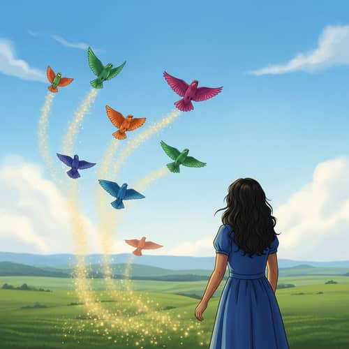  Birds of Hope | Serene Landscape with Vibrant, Multi-Colored Birds