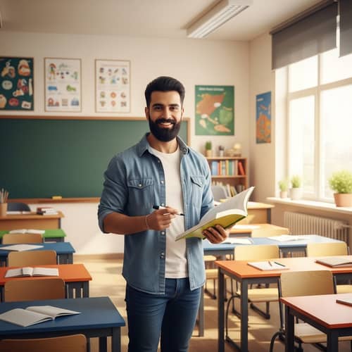 Middle-Eastern Male Teacher in Vibrant Classroom | Educational Scene