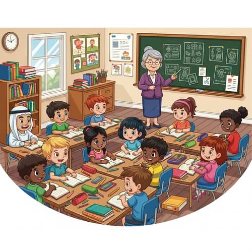 Colorful Classroom Illustration with Diverse Students and Teacher