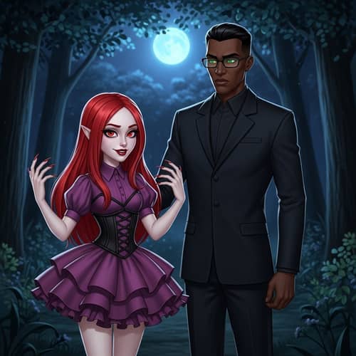 Striking Red-Haired Girl and Serious Black Man in Night Forest