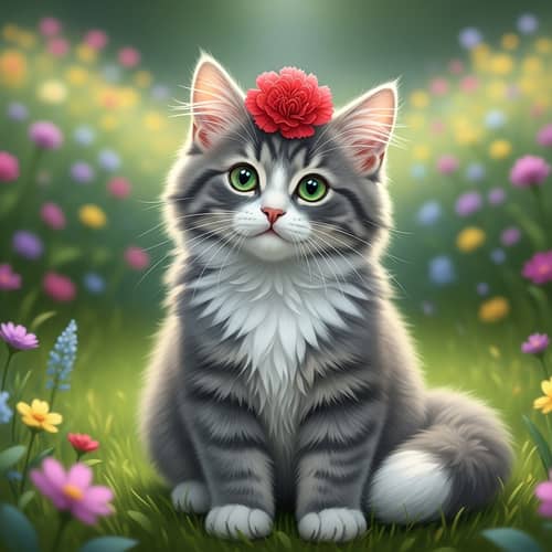 Adorable Grey Cat with Red Carnation in Serene Garden