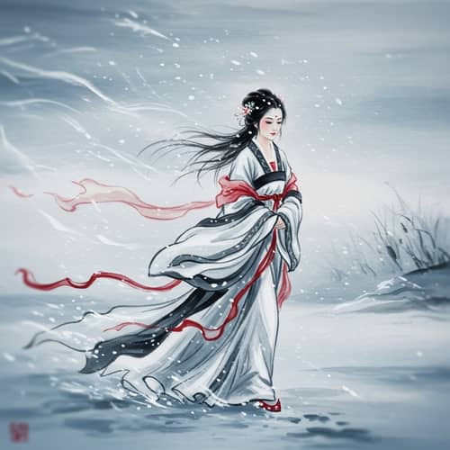 Chinese Woman in Winter Wonderland - Brushstroke Oil Painting