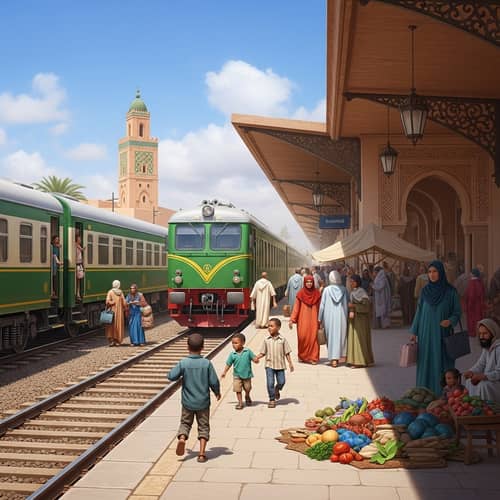 Moroccan Train Station: Bustling Activity Under Sunlit Sky