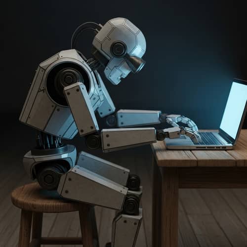 Vintage Robot Engaged with Outdated Laptop | Retro Tech Scene